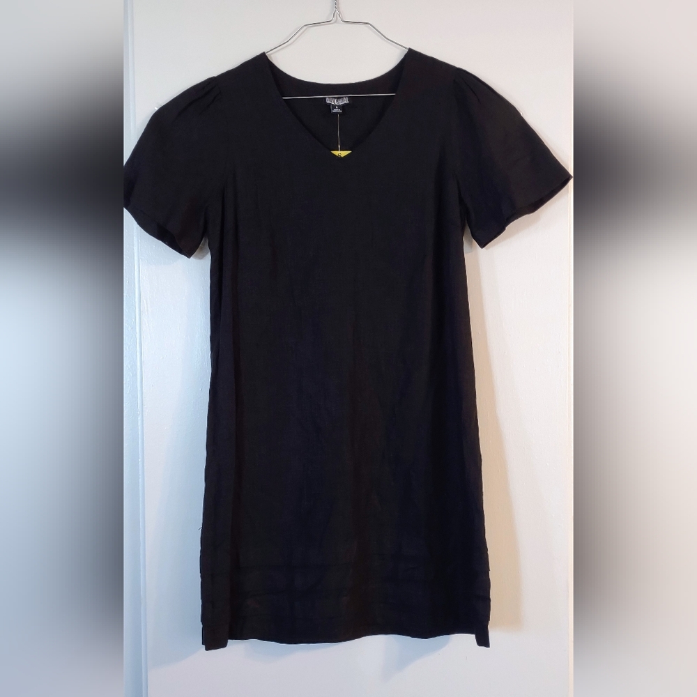 Simple Nicole Miller Black V-Neck Short Sleeve Linen Blend Dress S